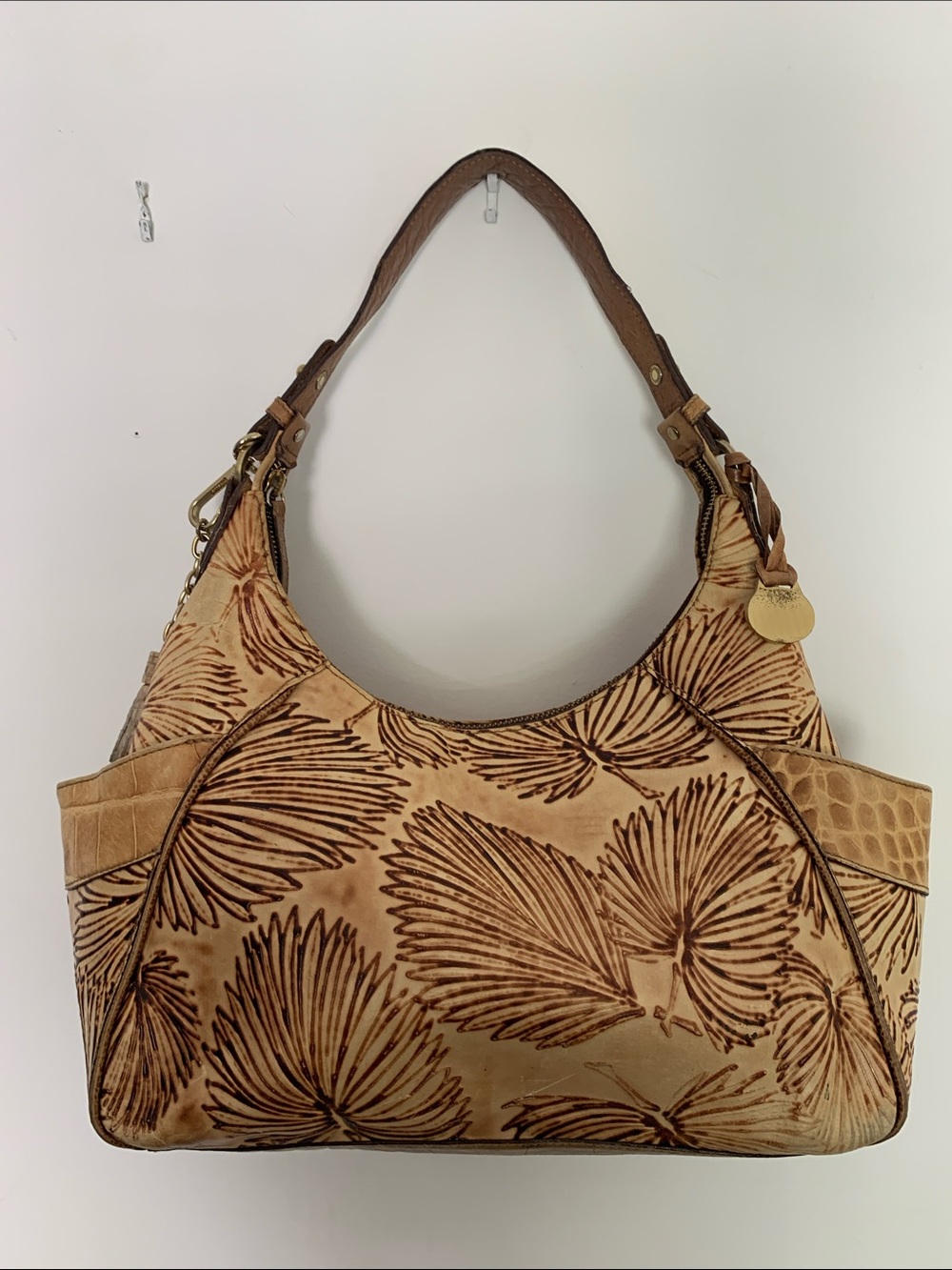 Vintage BRAHMIN Tan Tahiti Leather Palm Leaf Crocodile Purse Shoulder Bag